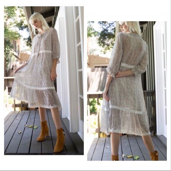 COTTAGE Core  A Shape  Lace Trimmed Dress w/ 3/4 Sleeves - Picture 6 of 16